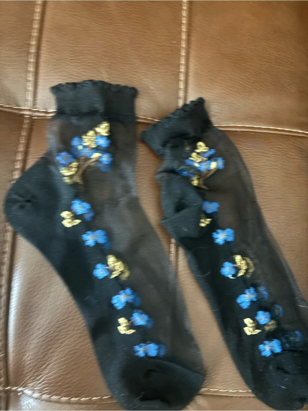 Embroidered Black Sheer Ankle Socks Set - Pink & Blue Floral